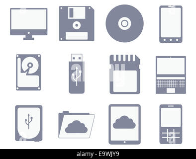 Vector icon set di storage diversi computer e dispositivi: flopp, compact disc, disco rigido, tablet, telefono cellulare - isolato su w Foto Stock