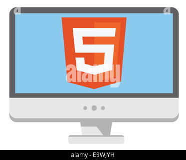 Icona del vettore di personal computer con html5 segno sullo schermo, isolato semplice piatto illustrazione su sfondo bianco Foto Stock
