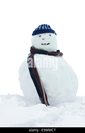 Felice pupazzo di neve con wooly hat e sciarpa. Foto Stock