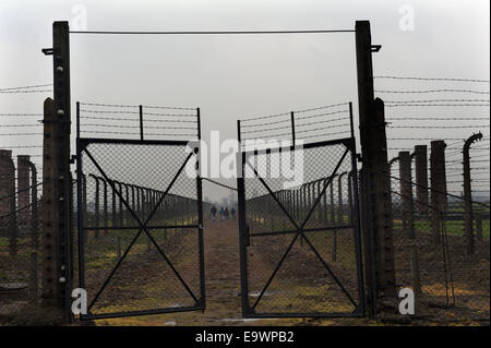 Ottobre 17, 2014 - Auschwitz e Birkenau, Polonia - Auschwitz e Birkenau campi di concentramento edifici sono tuttora circondata da filo spinato e un look out tower. © Hans Van Rhoon/ZUMA filo/ZUMAPRESS.com/Alamy Live News Foto Stock