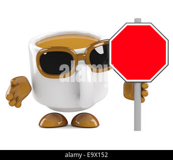 3D render di una tazza di caffè carattere tenendo un fustellato cartello stradale Foto Stock