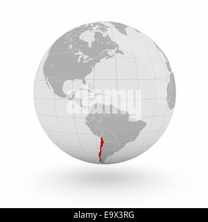 Il Cile sul globo terrestre isolato su sfondo bianco Foto Stock