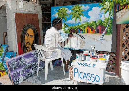 Dominikanische Republik, Osteno, Punta Cana, Bavaro, Maler "Willy Picasso' am Weg zum Strand von El Cortecito