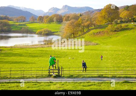 I turisti a scavalcare uno stile tenendo un cane a fianco di un sentiero a Loughrigg Tarn, nel distretto del lago, Cumbria, Inghilterra, Regno Unito. Foto Stock