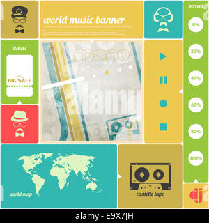 Musica infographics banner con cassetta a nastro icona, mappa del mondo, poster modello. vettore design di sfondo Foto Stock