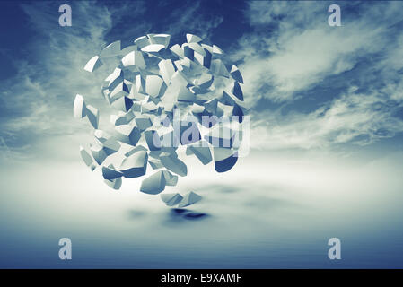 Abstract oggetto 3d, cloud di piccoli frammenti di forma sferica su blu cielo drammatico sfondo Foto Stock