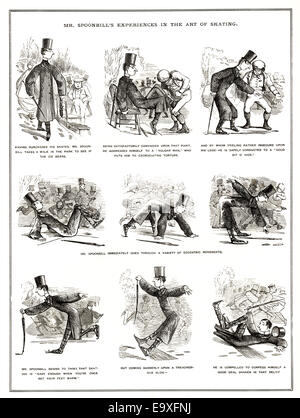 Divertente illustrazione Vittoriano dal 1855 da Sir John Tenniel, "Signor spatola le esperienze nella tecnica di pattinaggio" Foto Stock
