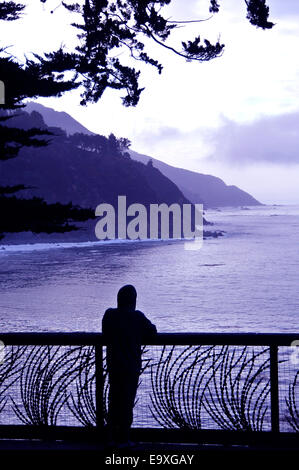 Uomo con hoodie orologi nebbia in rotolo da Esalen Institue lookout a Big Sur in California Foto Stock