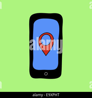 Doodle style telefono con puntatore pin Foto Stock