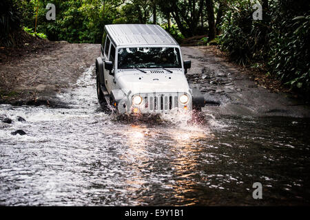 Jeep attraversando un flusso in Waipio Valley, Big Island, Hawaii, Stati Uniti Foto Stock