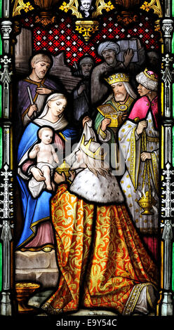 "L'Adorazione dei Magi" di Jean Baptiste Capronnier, la chiesa di Santa Maria, Long Preston, North Yorkshire, Inghilterra Foto Stock