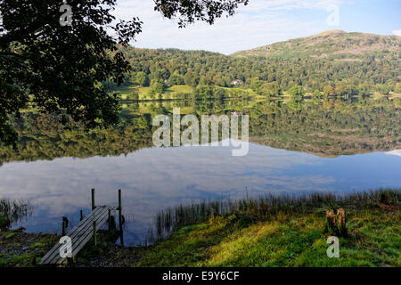 Mattina le nuvole e alberi, riflessa nella Rydal acqua, Lake District, Cumbria, Inghilterra Foto Stock