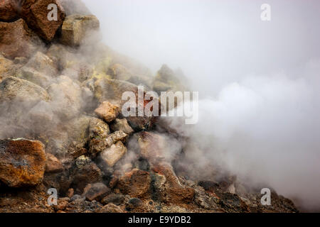 Fumarola evacuare il gas pressurizzato proveniente dall'attività vulcanica nell'area geotermica di Hverir Islanda vicino al Lago Myvatn. Foto Stock