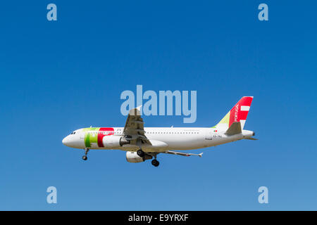 Aria Portogallo Airbus A320 piano, CS-TNJ, denominato Florbela Espanca, per il suo approccio per l'atterraggio all'Aeroporto di Londra Heathrow, England, Regno Unito Foto Stock