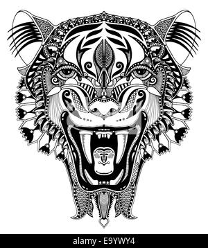 L'originale nero testa disegno tiger con la caduta aperto Foto Stock