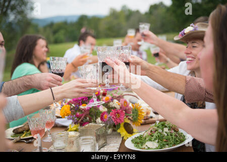 La famiglia e gli amici facendo un brindisi al pasto all'aperto Foto Stock