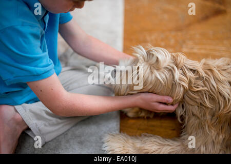 Giovane ragazzo giocando con il cane Foto Stock