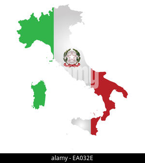 Bandiera e stemma della Repubblica Italiana sovrapposto su dettagliata mappa di contorno Foto Stock