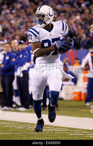 3 Novembre 2014: Indianapolis Colts wide receiver Reggie Wayne (87) corre con la palla per un touchdown durante il gioco di NFL tra gli Indianapolis Colts e New York Giants a MetLife Stadium di East Rutherford, New Jersey. La Indianapolis Colts ha vinto 40-24. (Christopher Szagola/Cal Sport Media) Foto Stock