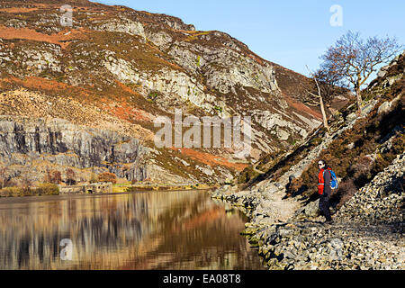 Camminare al fianco di Elan Valley serbatoio, Powys, Wales, Regno Unito Foto Stock