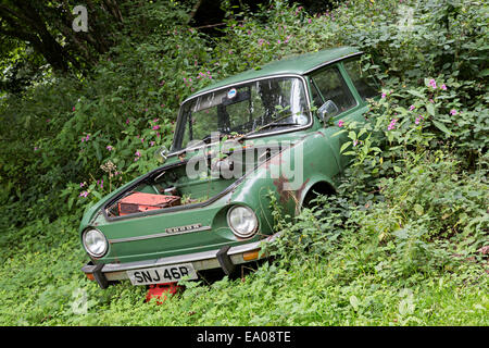 Skoda auto abbandonate nel bosco e ricoperta di Abergavenny, Wales, Regno Unito Foto Stock