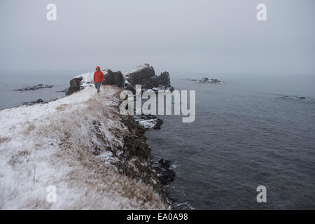 Uomo in piedi sul bordo di isolotto, Islanda Foto Stock