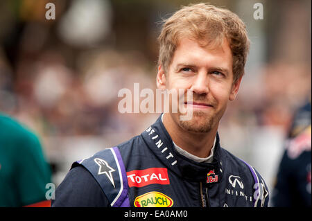 Regnante del campione del mondo di Formula 1, Sebastian Vettel, visto in una Red Bull / Infiniti dimostrazione su Congress Avenue di Austin, TX Foto Stock