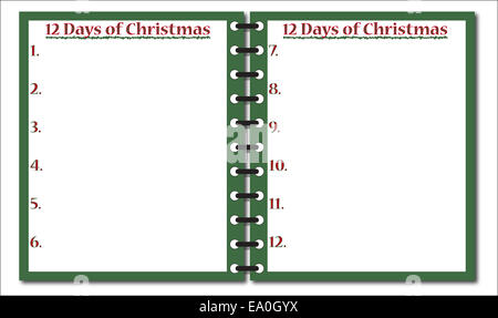 Dodici giorni di Natale modello Notepad o sfondo isolato su uno sfondo bianco Foto Stock
