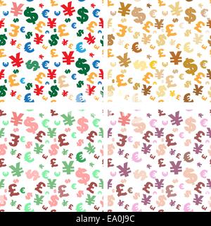 Set di vettore di quattro seamless diverse tonalità simbolo di valuta sfondi Illustrazione Vettoriale