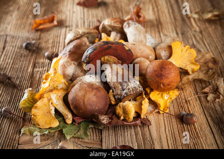 I funghi freschi sul tavolo di legno Foto Stock