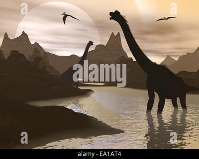 Brachiosaurus dinosauri in acqua - 3D render Foto Stock