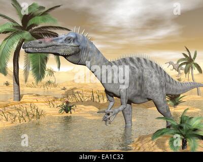 Dinosauri Suchomimus nel deserto - 3D render Foto Stock