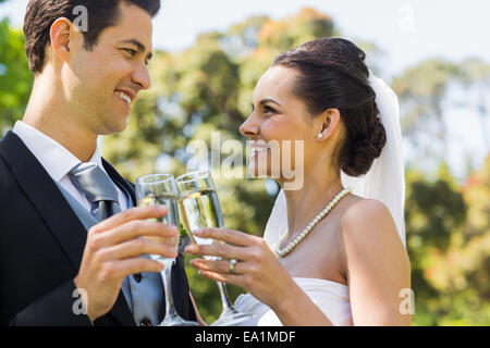 Sposa tostatura flauti di champagne presso il park Foto Stock