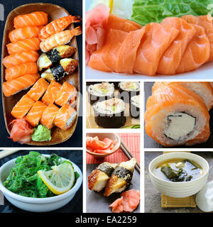 Collage menu di cucina giapponese - Zuppa di miso, sushi, sashimi, panini, insalate Chuka Foto Stock