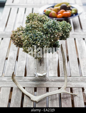 Ortensie essiccato in un bicchiere su un tavolo di legno con corna e cesto di frutta Foto Stock