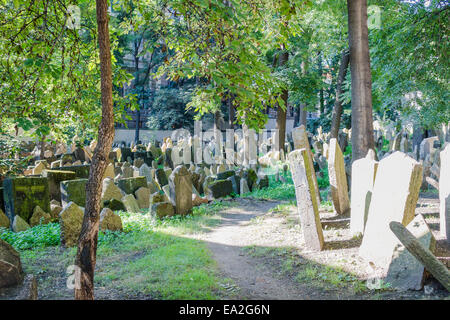 Affollato di grigio gli oggetti contrassegnati per la rimozione definitiva nel vecchio cimitero ebraico di Praga Foto Stock