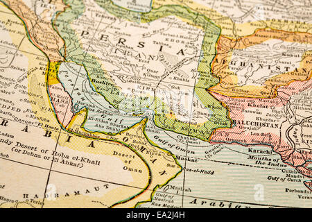 Zona del Golfo Persico a su vintage 1920s mappa, il fuoco selettivo (stampato nel 1926 - Copyright scaduto). Foto Stock