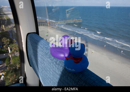 Due le papere di gomma guardando fuori della finestra dalla ruota panoramica nel centro cittadino di Myrtle Beach. Foto Stock