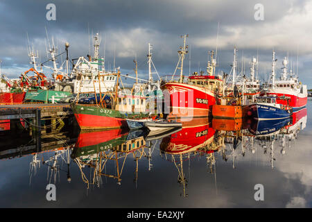 Tramonto riflesso sulla flotta peschereccia commerciale a Killybegs, County Donegal, Ulster, Repubblica di Irlanda Foto Stock