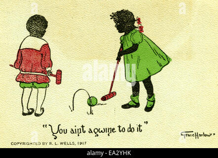 Una cartolina d'epoca che mostra i bambini impegnati in un gioco di croquet, catturando un momento di svago e attività infantili in un'epoca passata. Foto Stock