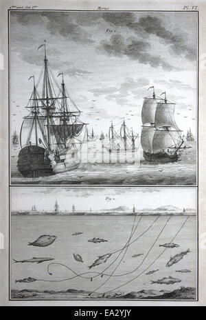 Questa opera d'arte raffigura navi impegnate nella pesca del merluzzo bianco nelle Grand Banks, un'area nota per i suoi ricchi terreni di pesca al largo della costa di Terranova. La scena evidenzia la pratica storica della pesca marittima in questa regione. Foto Stock