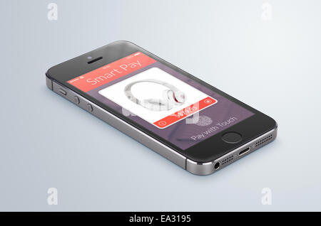 Moderno nero smartphone con nfc smart pay applicazione sullo schermo giace sulla superficie grigia. Il concetto di acquisto di headph Foto Stock