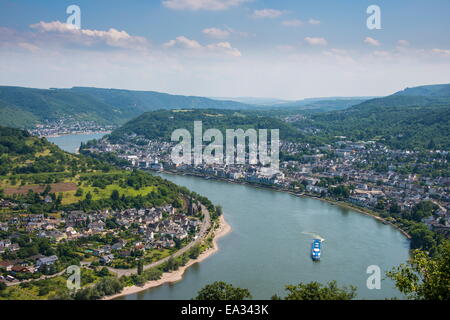 Vista di Boppard e il fiume Reno da Vierseenblick, Valle del Reno, sito UNESCO, Renania-Palatinato, Germania Foto Stock