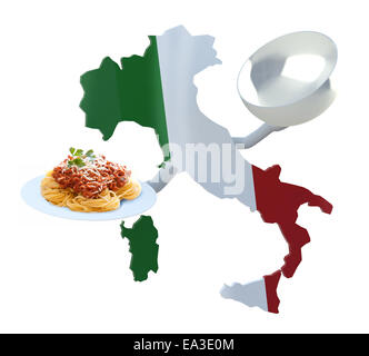 Mappa Italia fumetti con le armi e gli spaghetti sul piatto Foto Stock