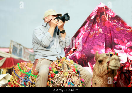 Cameraman, camel, turistico, stranieri, femmina, Canon DSLR, tiro, in Pushkar, Rajasthan, India. Foto Stock