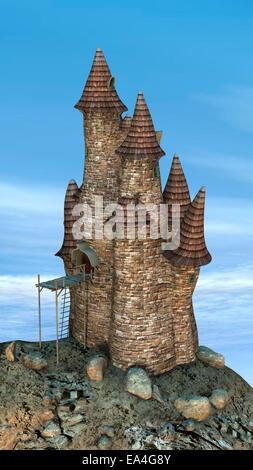 3D render digitale di un castello da favola isolato su un cielo blu sullo sfondo Foto Stock