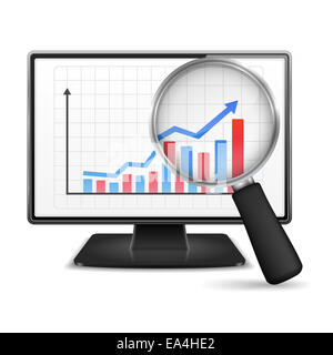 Lente di ingrandimento che mostra in aumento il grafico a barra con la freccia sullo schermo del monitor del computer Foto Stock