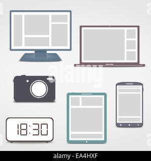 Elettronica colorati set di icone - Il monitor di un computer, laptop, orologio digitale, fotocamera, smartphone e tablet pc Foto Stock