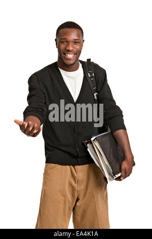 Felice Vestiti Casual giovane americano africano studente di college isolato su sfondo bianco Foto Stock