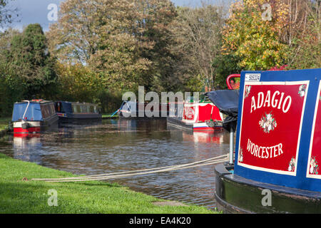 Narrowboats ormeggiato sul Staffs & Worcester Canal a Kinver, Staffordshire, England, Regno Unito Foto Stock